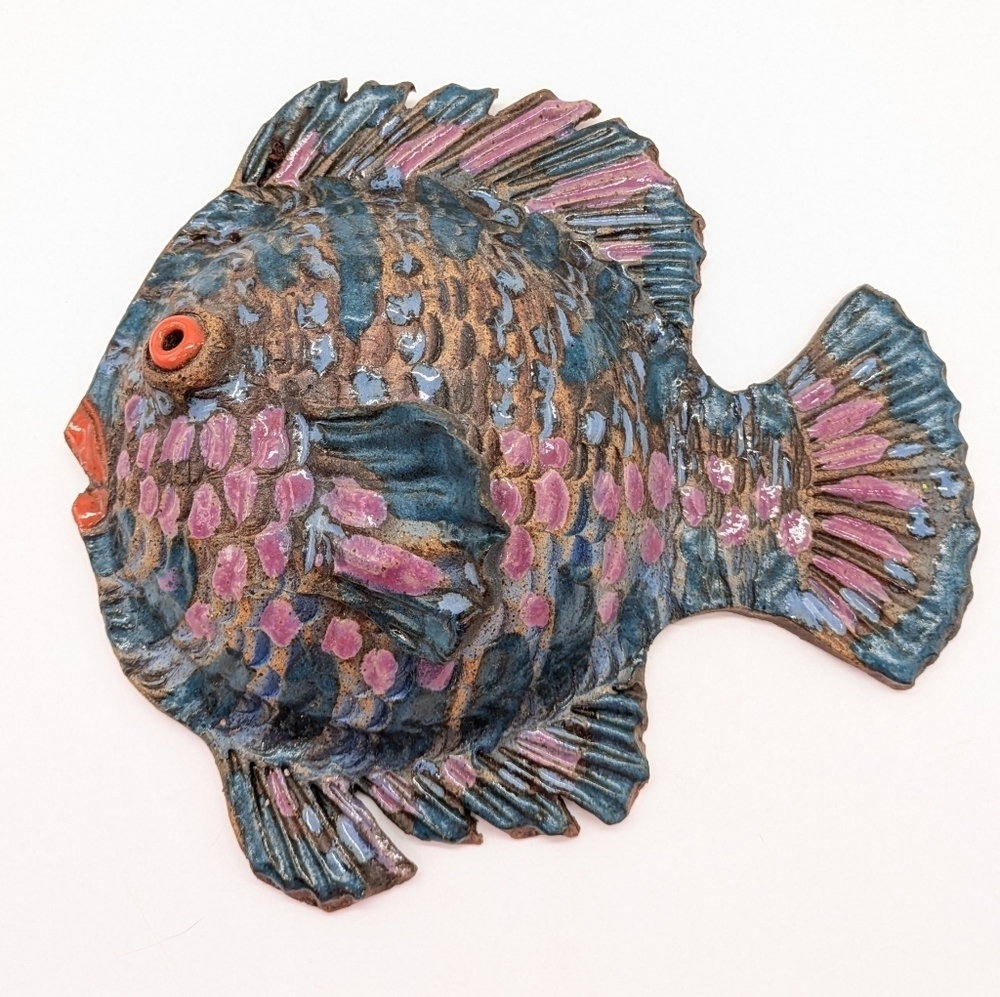 Handmade Earthenware Blue Purple Fish Sculpture Wall Hanging